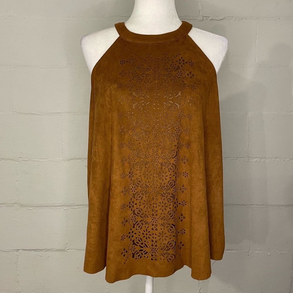 Laser-Cut Suede-Feel Halter Tank Top in Brown